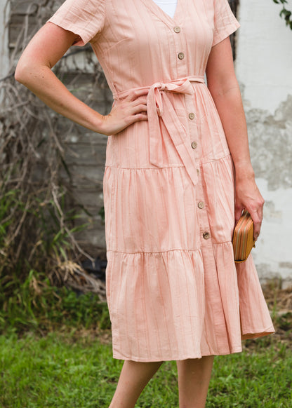 Peach Button Front V-Neck Midi Dress - FINAL SALE Dresses