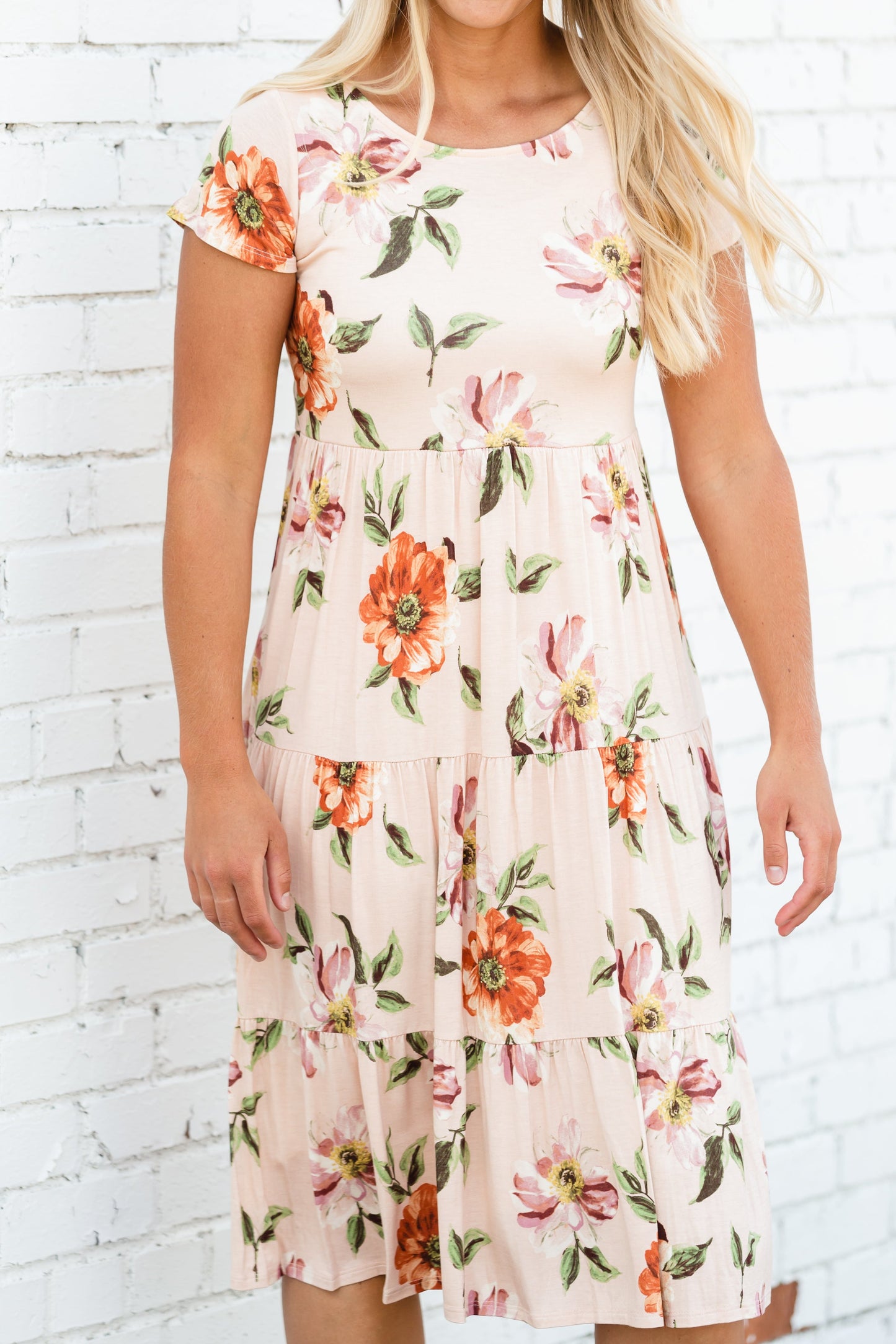 Peach Floral Tiered Midi Dress Dresses