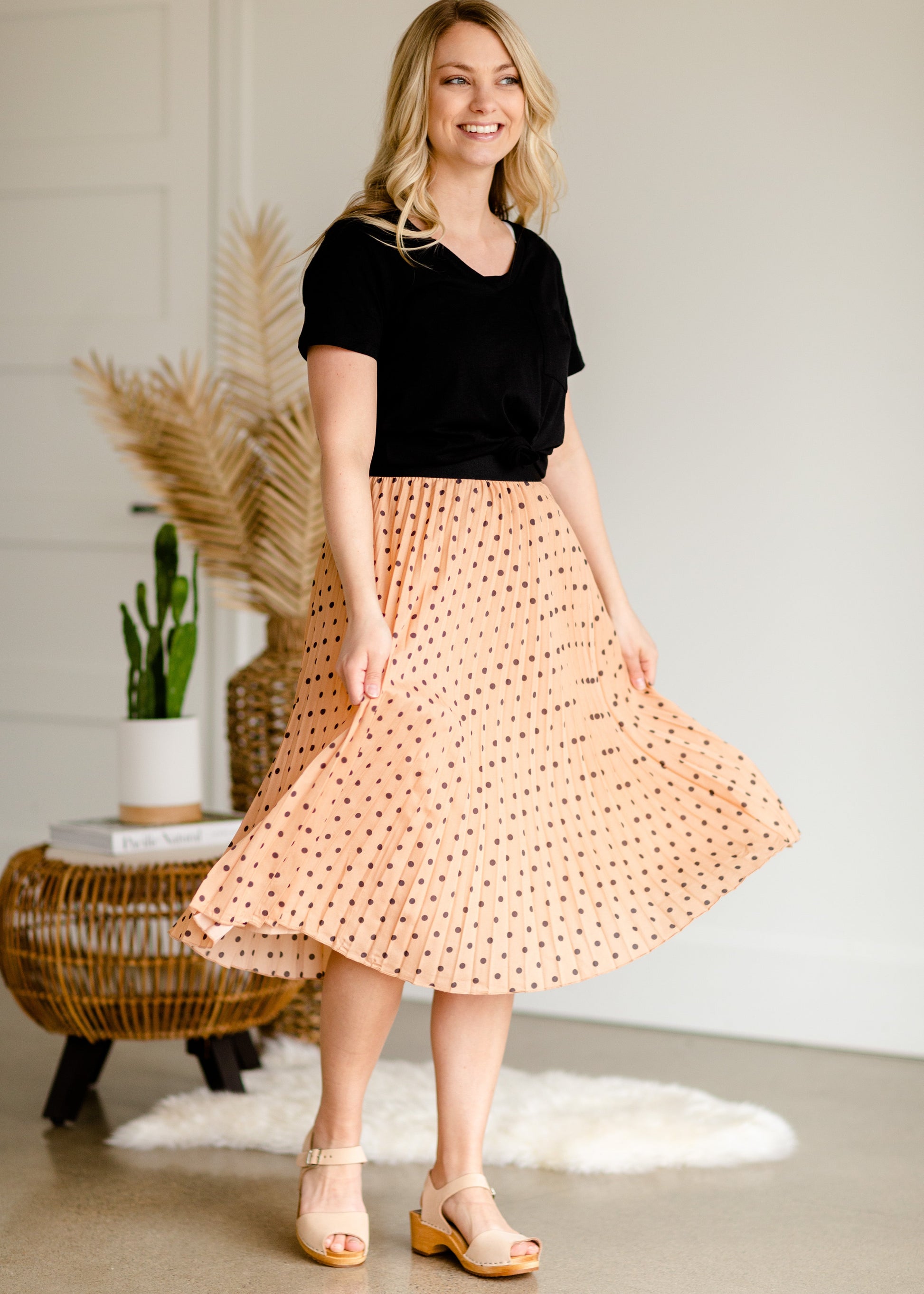 Peach Polka Dot Pleated Midi Skirt - FINAL SALE Skirts