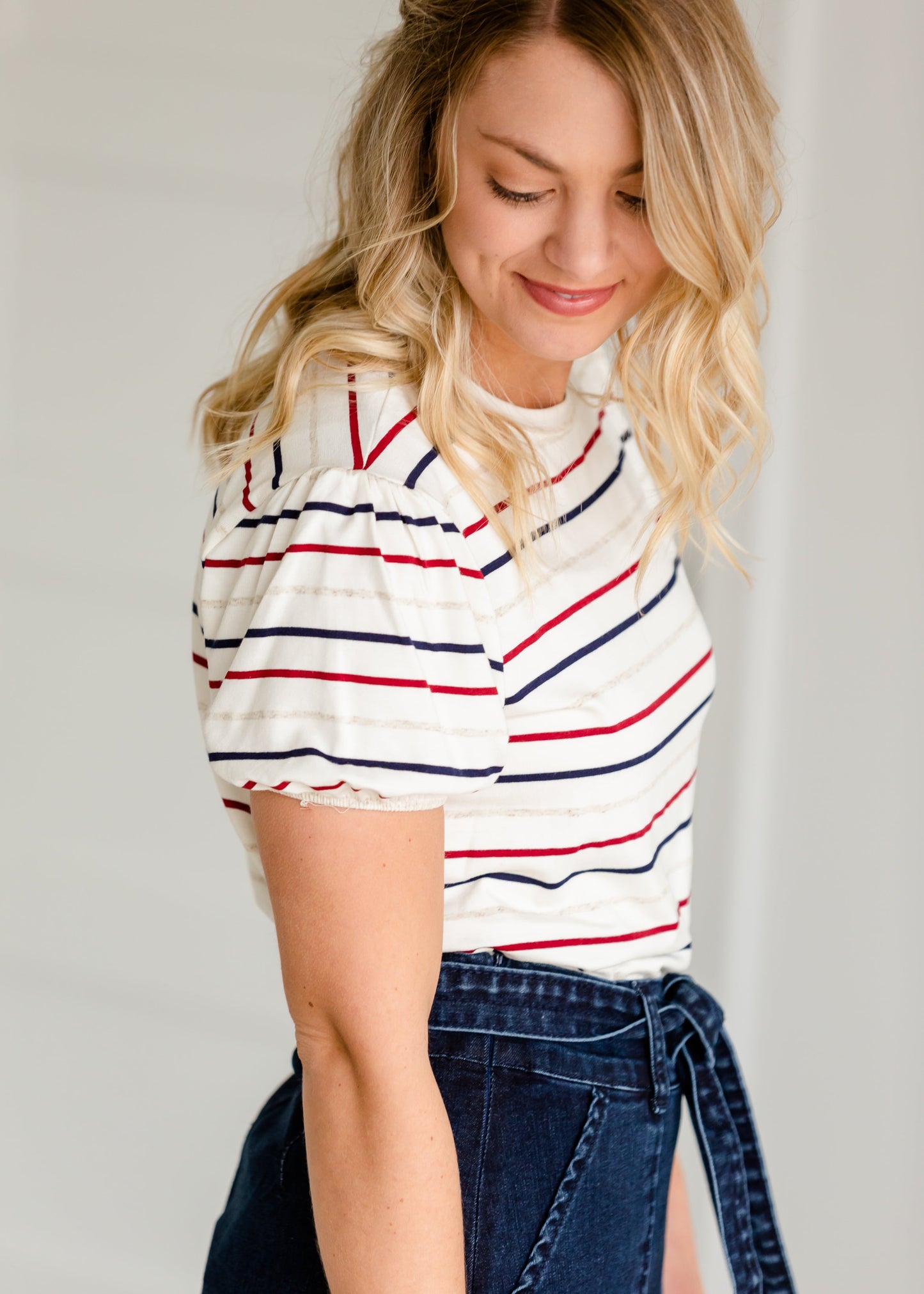 Pencil Striped Short Balloon Sleeve Tee - FINAL SALE Tops