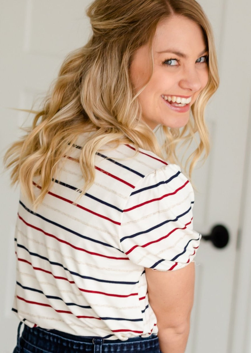 Pencil Striped Short Balloon Sleeve Tee - FINAL SALE Tops