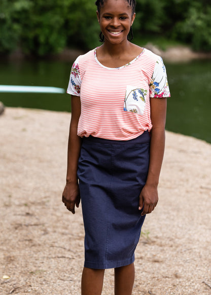 Pin Striped + Floral Short Sleeve Top - Final Sale Tops