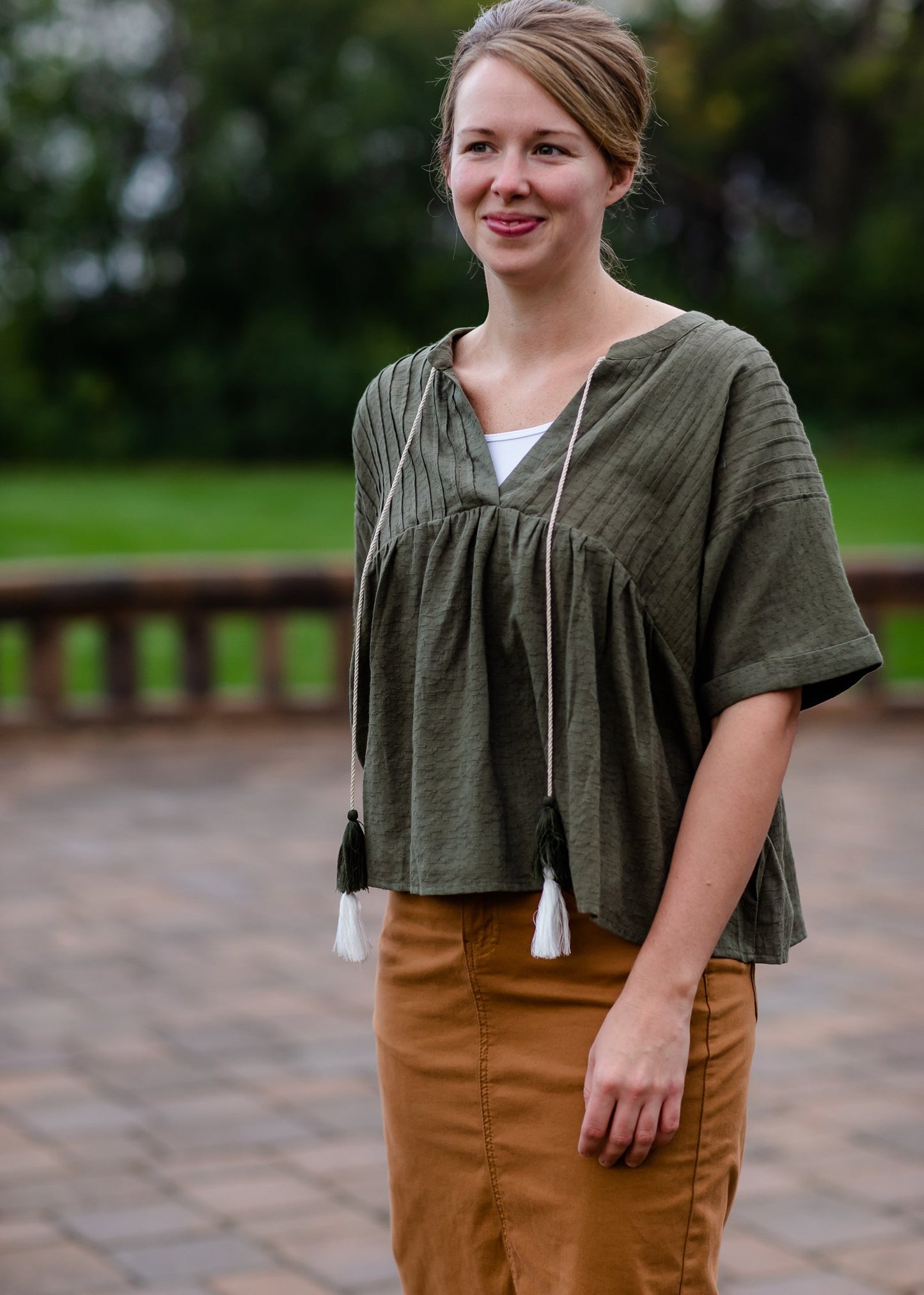 Pin-Tuck Textured Linen Tassel Half Sleeve Top Tops VOY Olive / S