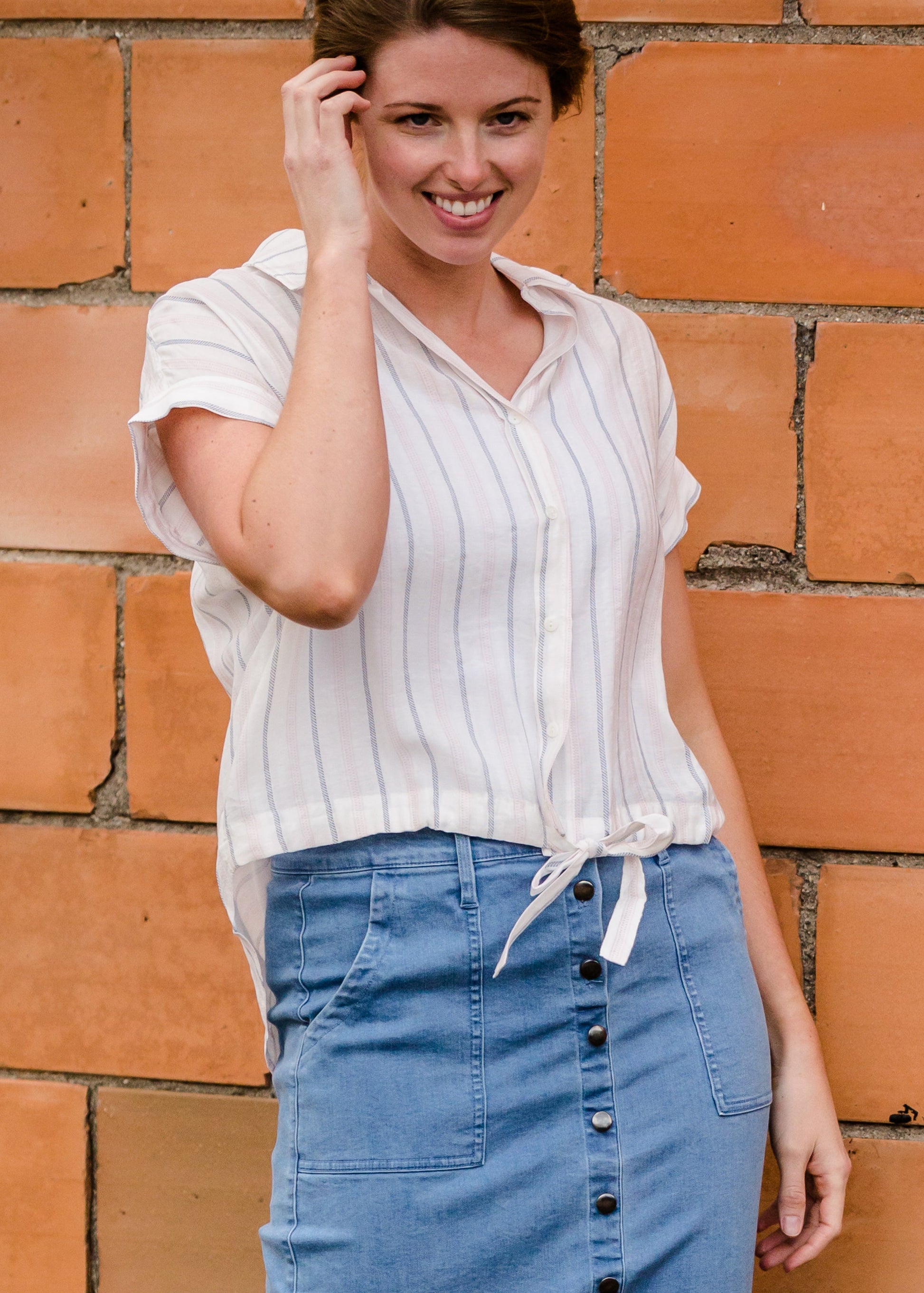 Pink and Navy Striped Button Up Top - FINAL SALE Tops