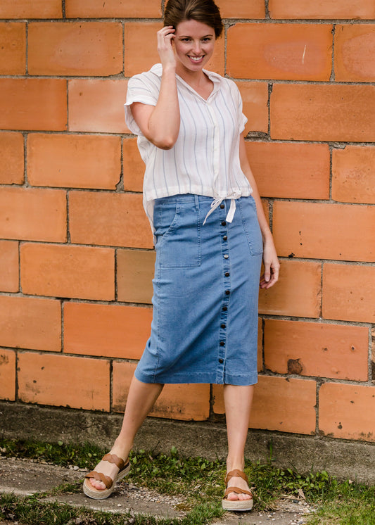 Pink and Navy Striped Button Up Top - FINAL SALE Tops