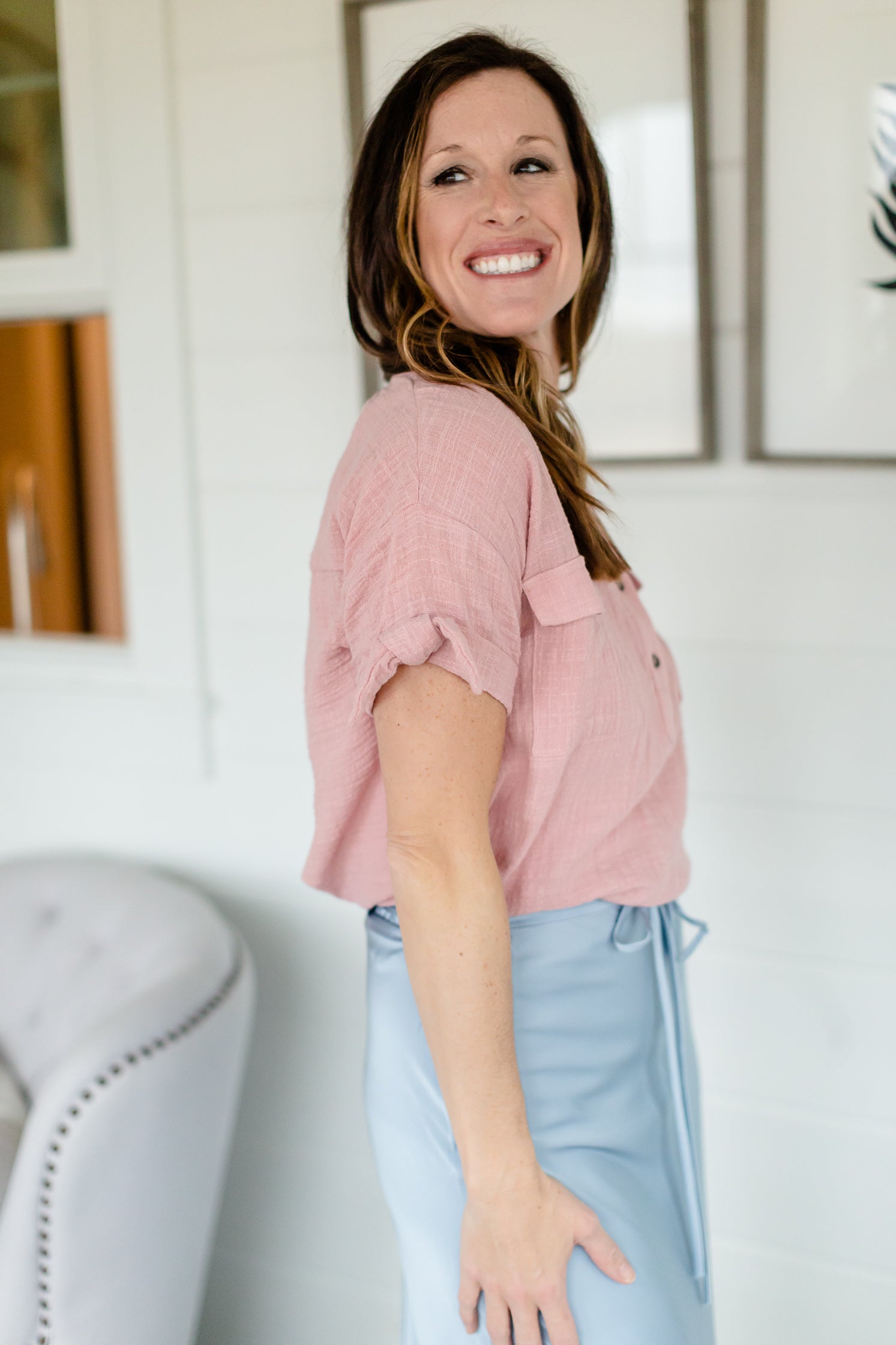 Pink Button Front Cotton Blouse - FINAL SALE Tops