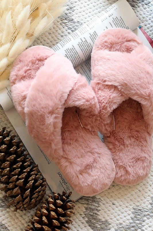 Pink Faux Fur Criss Cross Slide Slippers