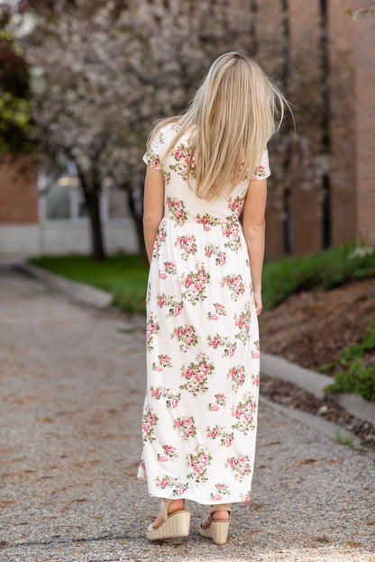 Pink Floral Cinched Waist Maxi Dress Dresses