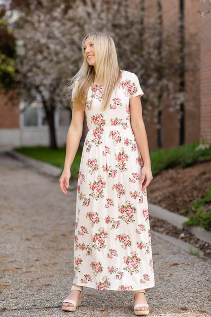 Pink Floral Cinched Waist Maxi Dress Dresses