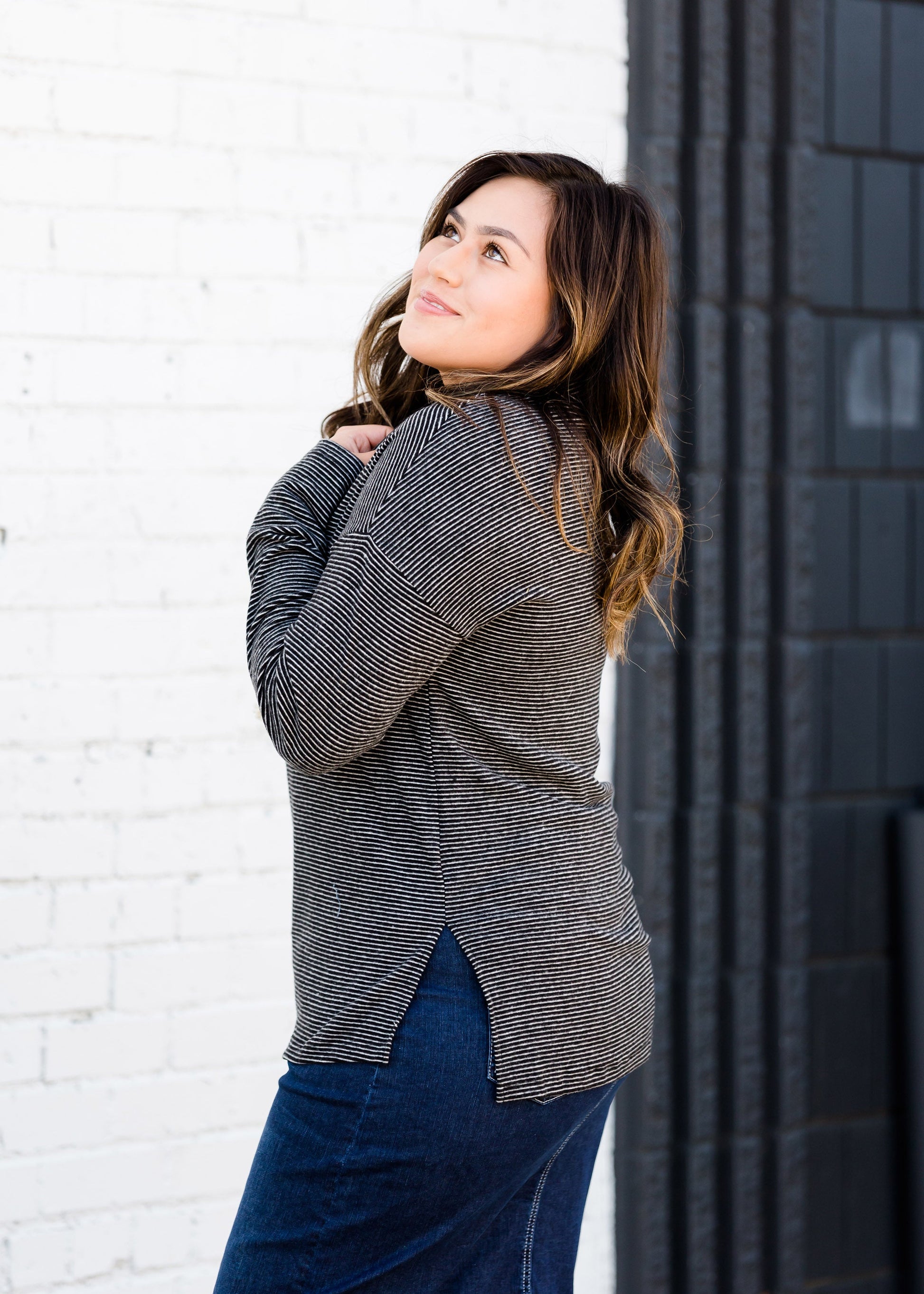 black and white pin stripe tri blend top