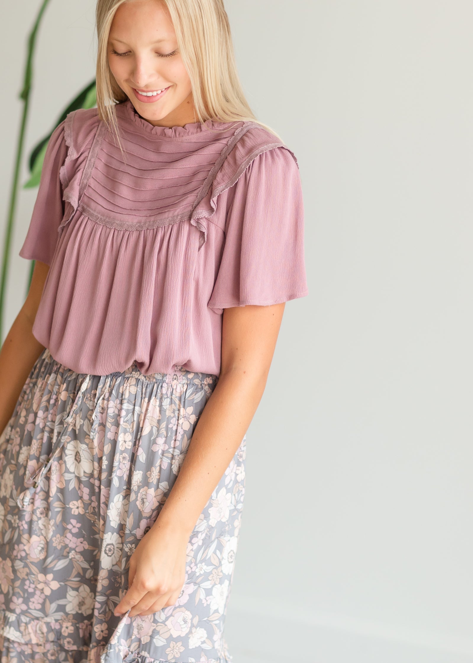 Pintuck Yoke Blouse With Lace Trim - FINAL SALE Tops