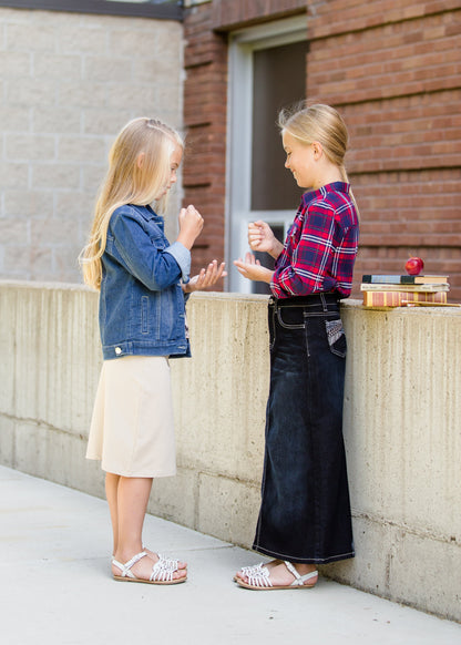 girls modest red and blue plaid flannel button up top