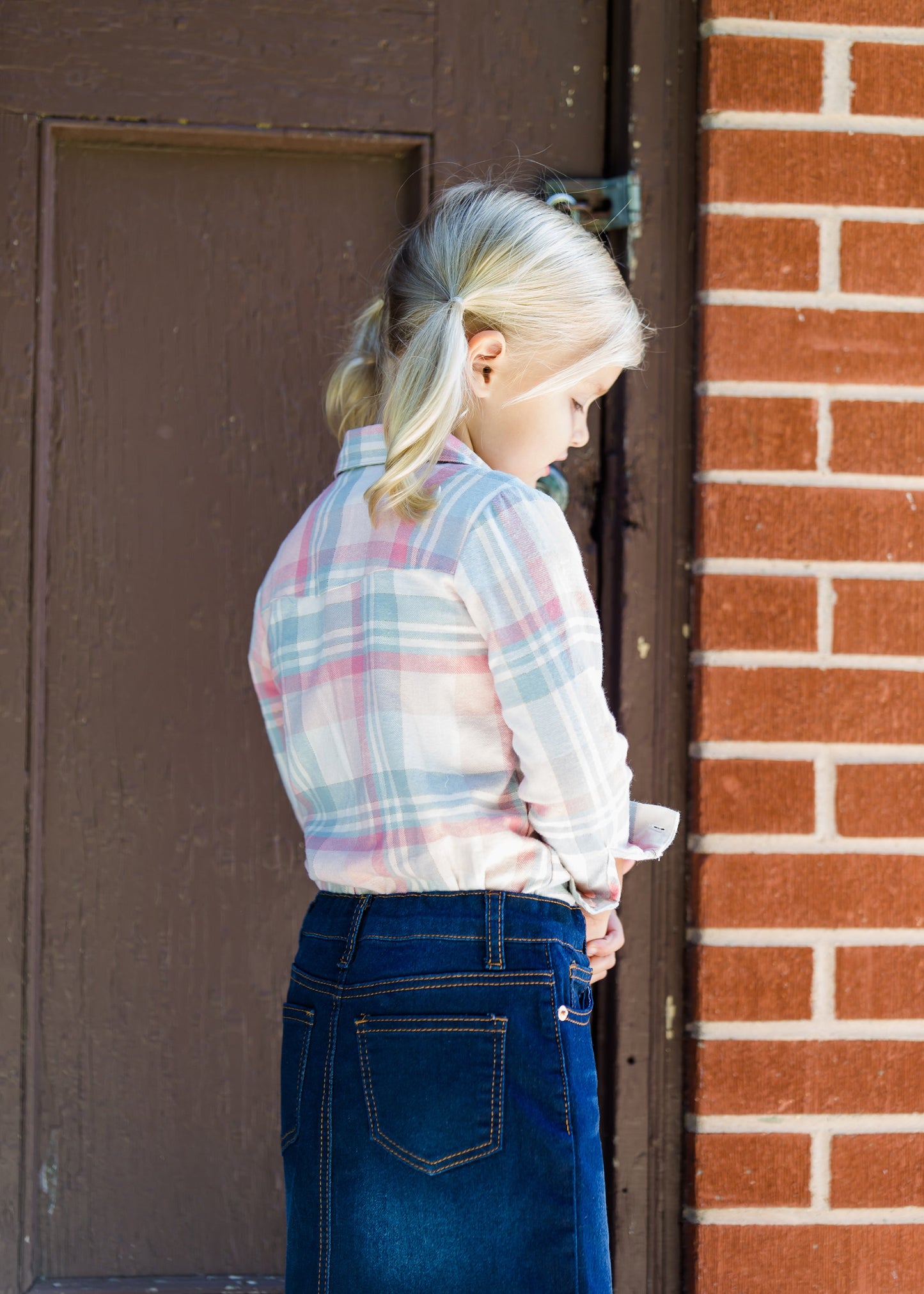 plaid button up pink and mint top