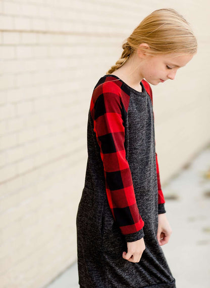 Modest girls and conservative teens red buffalo plaid sweatshirt dress