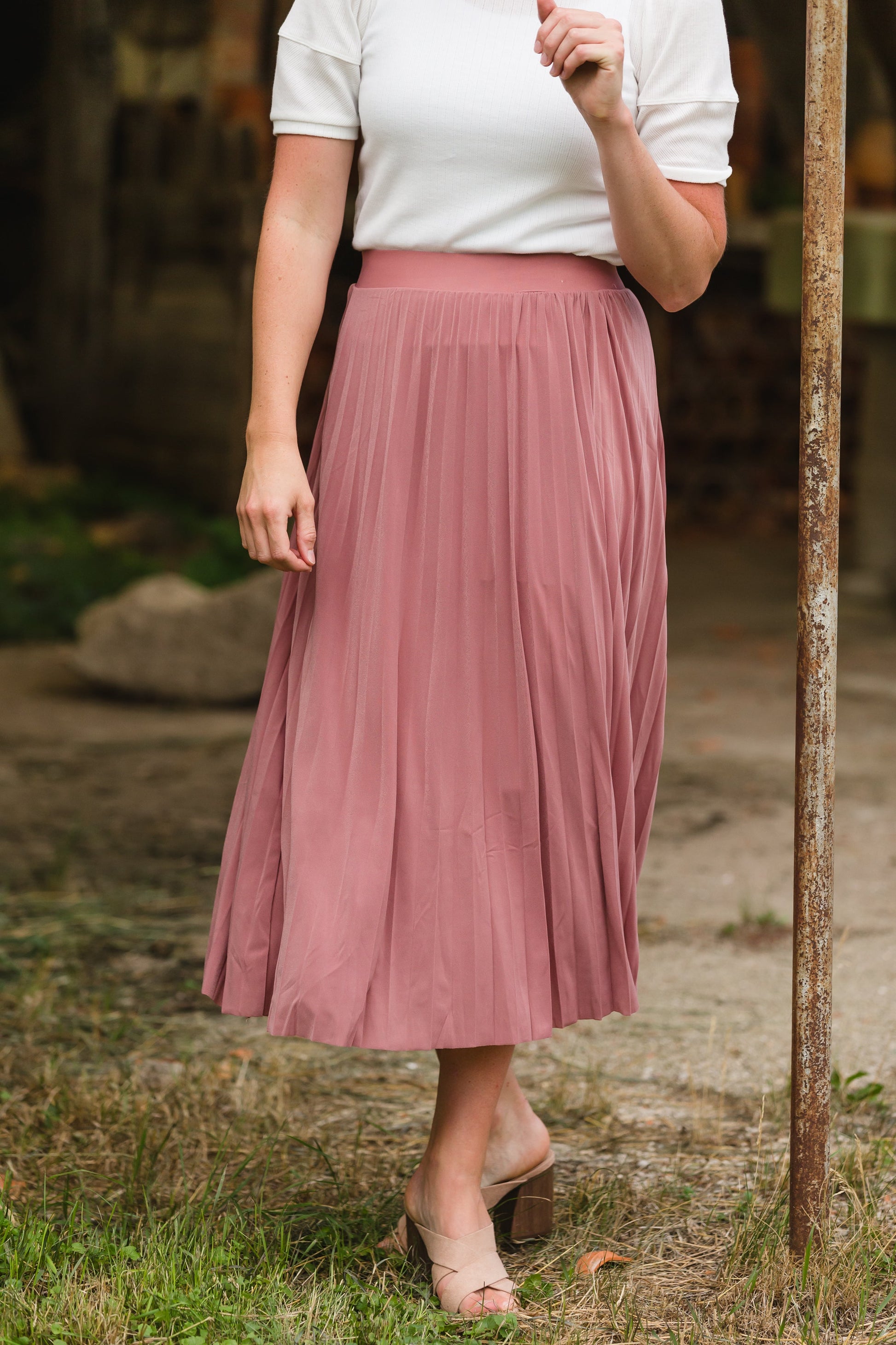 Pleated Mauve Stretch Waist Midi Skirt - FINAL SALE Skirts