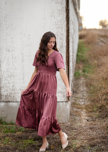 Plum Smocked V-Neck Tiered Midi Dress Dresses Polagram + BaeVely