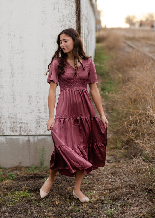 Plum Smocked V-Neck Tiered Midi Dress Dresses Polagram + BaeVely