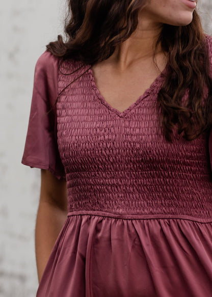 Plum Smocked V-Neck Tiered Midi Dress Dresses Polagram + BaeVely