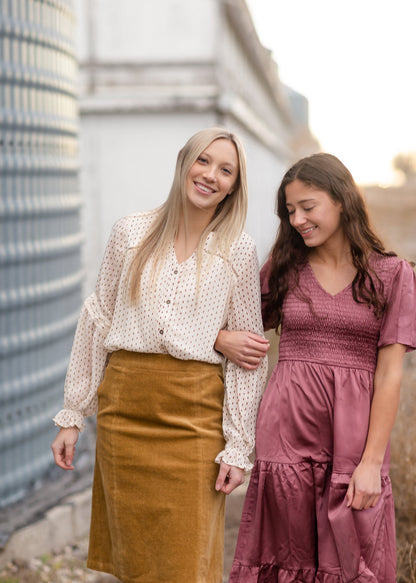 Plum Smocked V-Neck Tiered Midi Dress Dresses Polagram + BaeVely