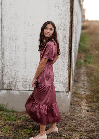 Plum Smocked V-Neck Tiered Midi Dress Dresses Polagram + BaeVely