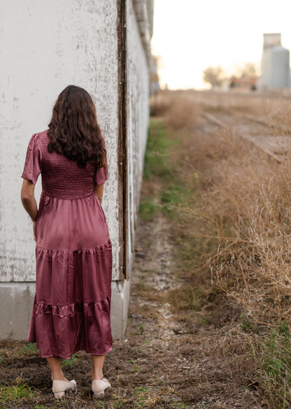 Plum Smocked V-Neck Tiered Midi Dress Dresses Polagram + BaeVely