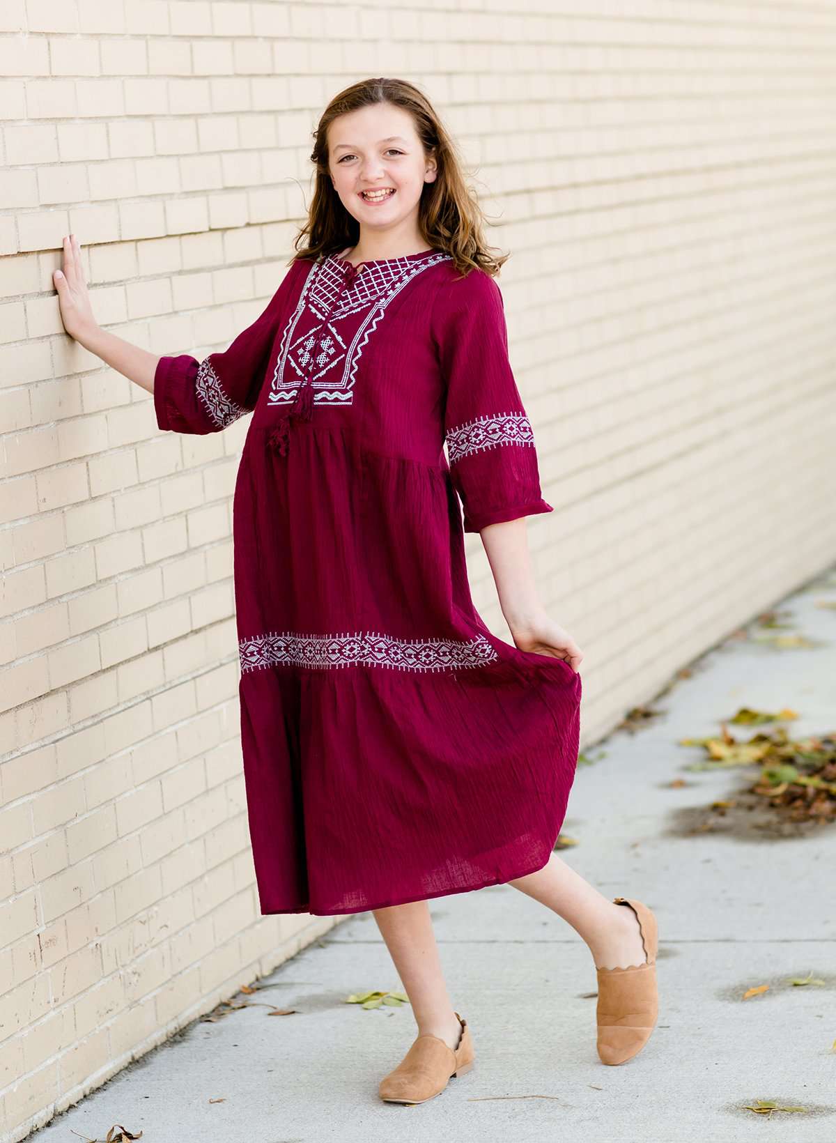 Modest Girls Burgandy Embroidered Midi Dress