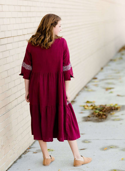 Modest Girls Burgandy Embroidered Midi Dress