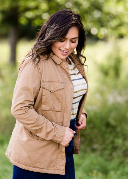 sherpa lined camel colored womens cargo jacket