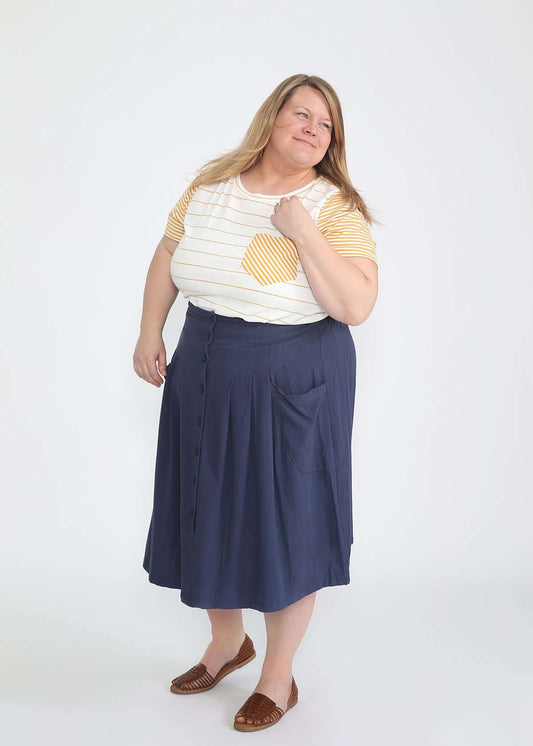 plus size navy button front midi skirt