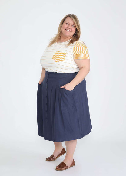 plus size navy button front midi skirt