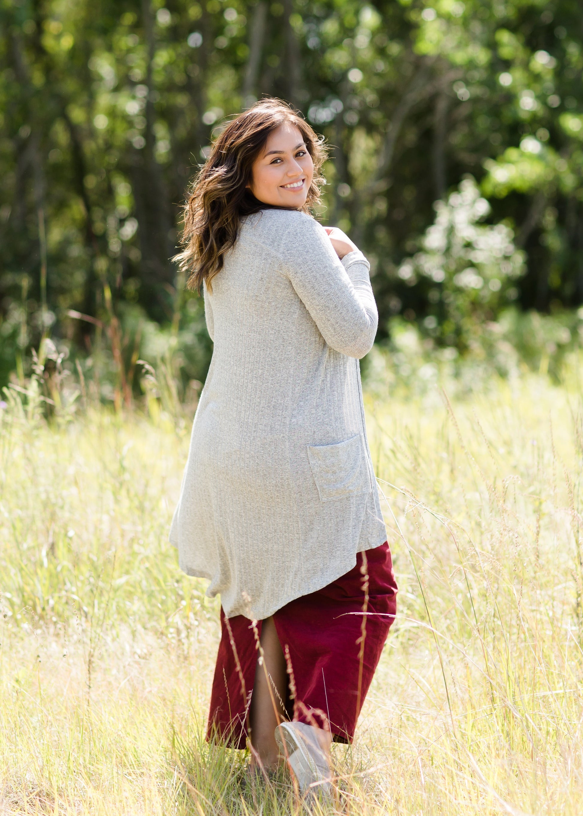 gray ribbed long open front cardigan