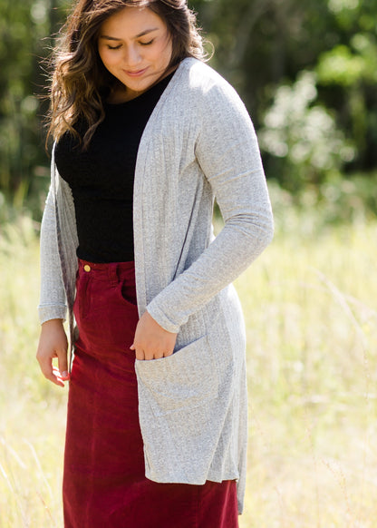 gray ribbed long open front cardigan