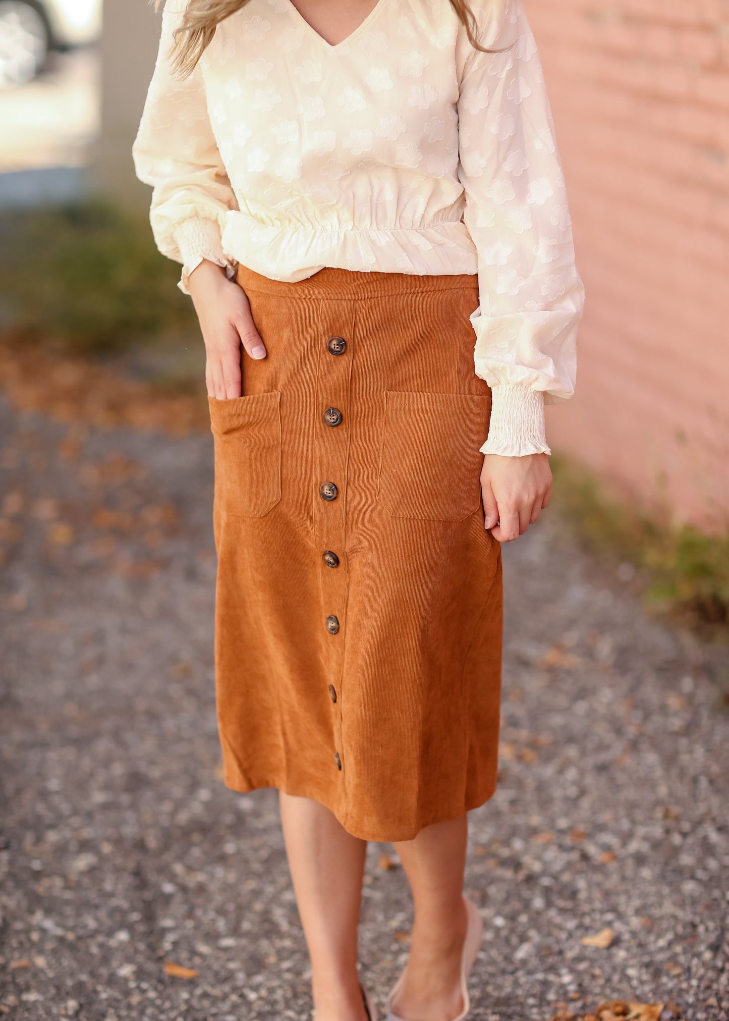 Pocket High Waist Button Front Corduroy Midi Skirt Skirts Tea N Rose