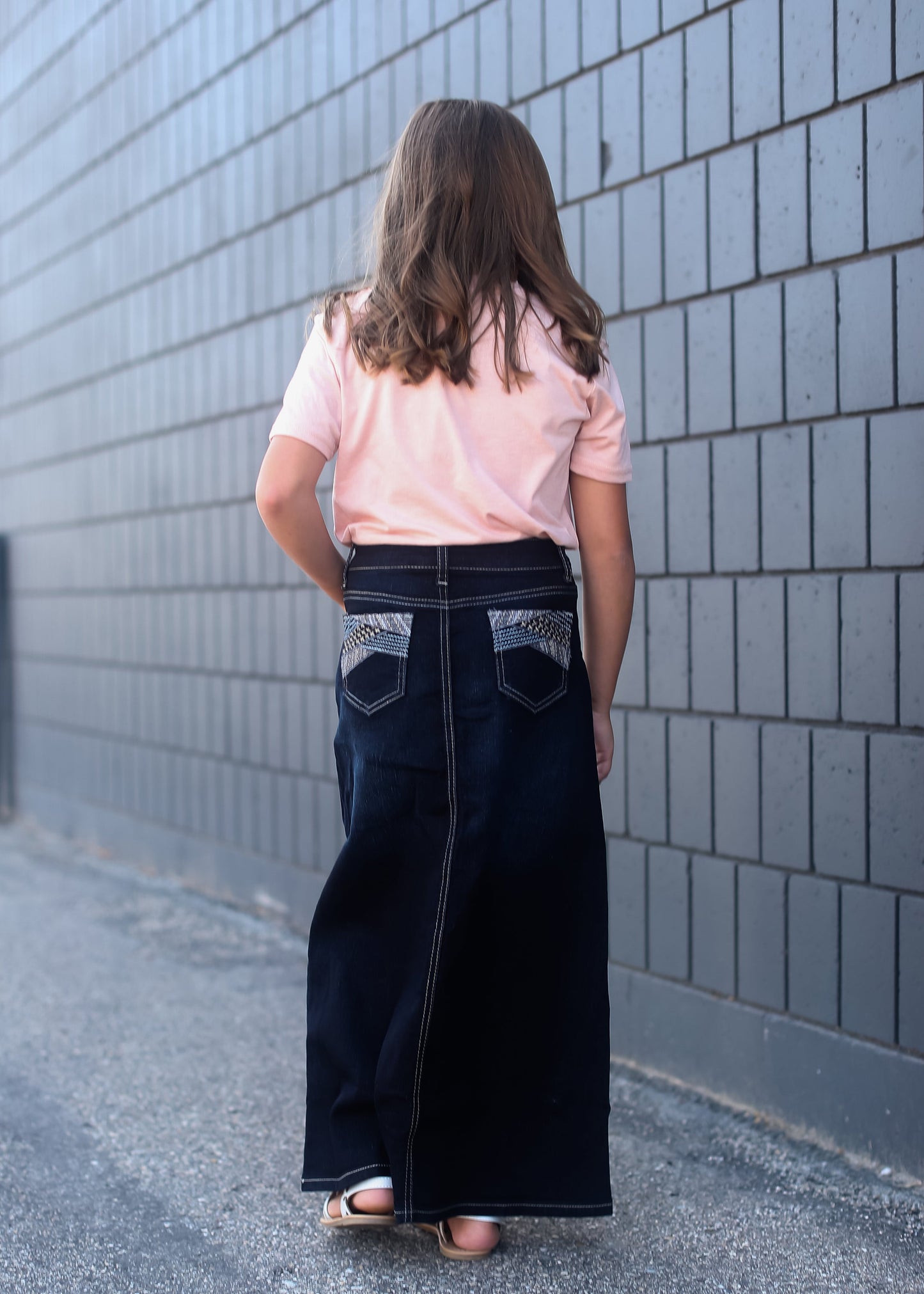 girls a-line long denim embroidered denim skirt