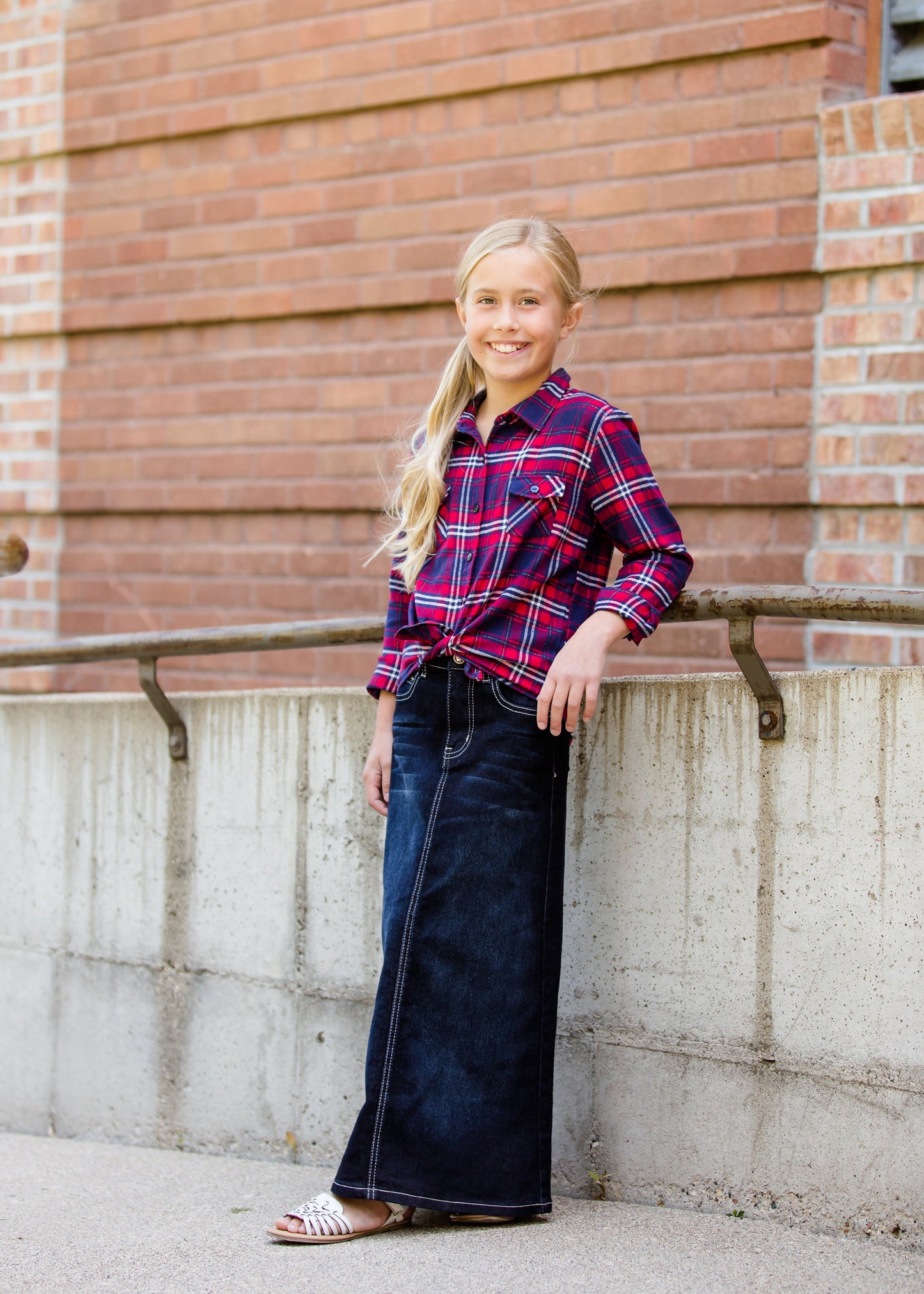 girls a-line long denim embroidered denim skirt