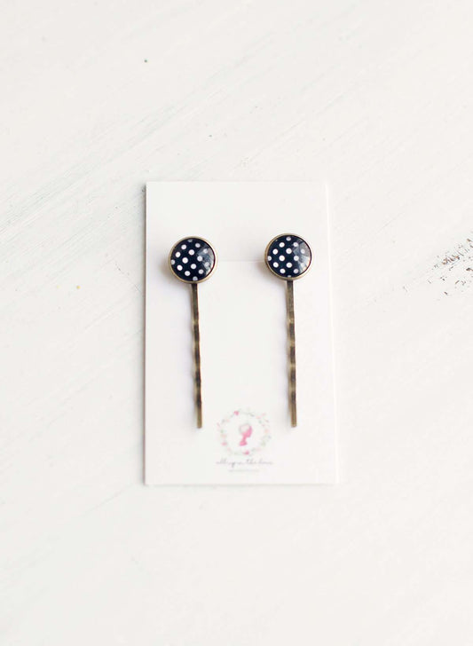 Black and White Polka Dot Bobby Pins on a gold post