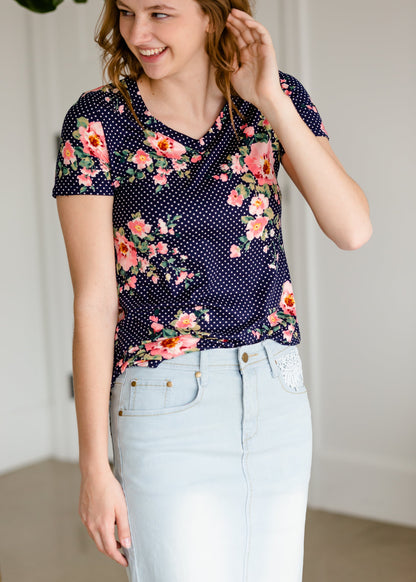 Polka Dot Floral Short Sleeve Tee - FINAL SALE Tops