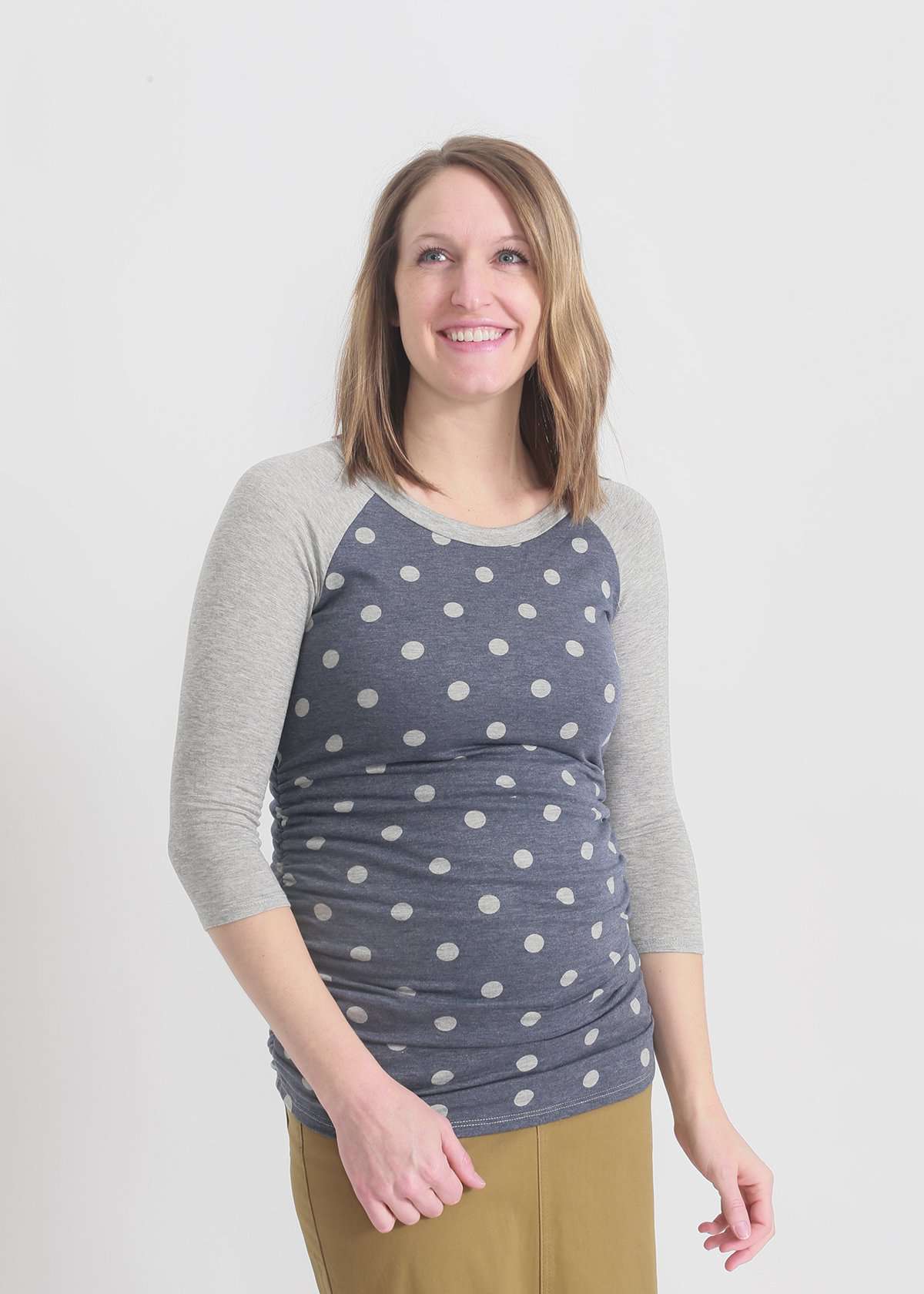 gray and white polka dot maternity top