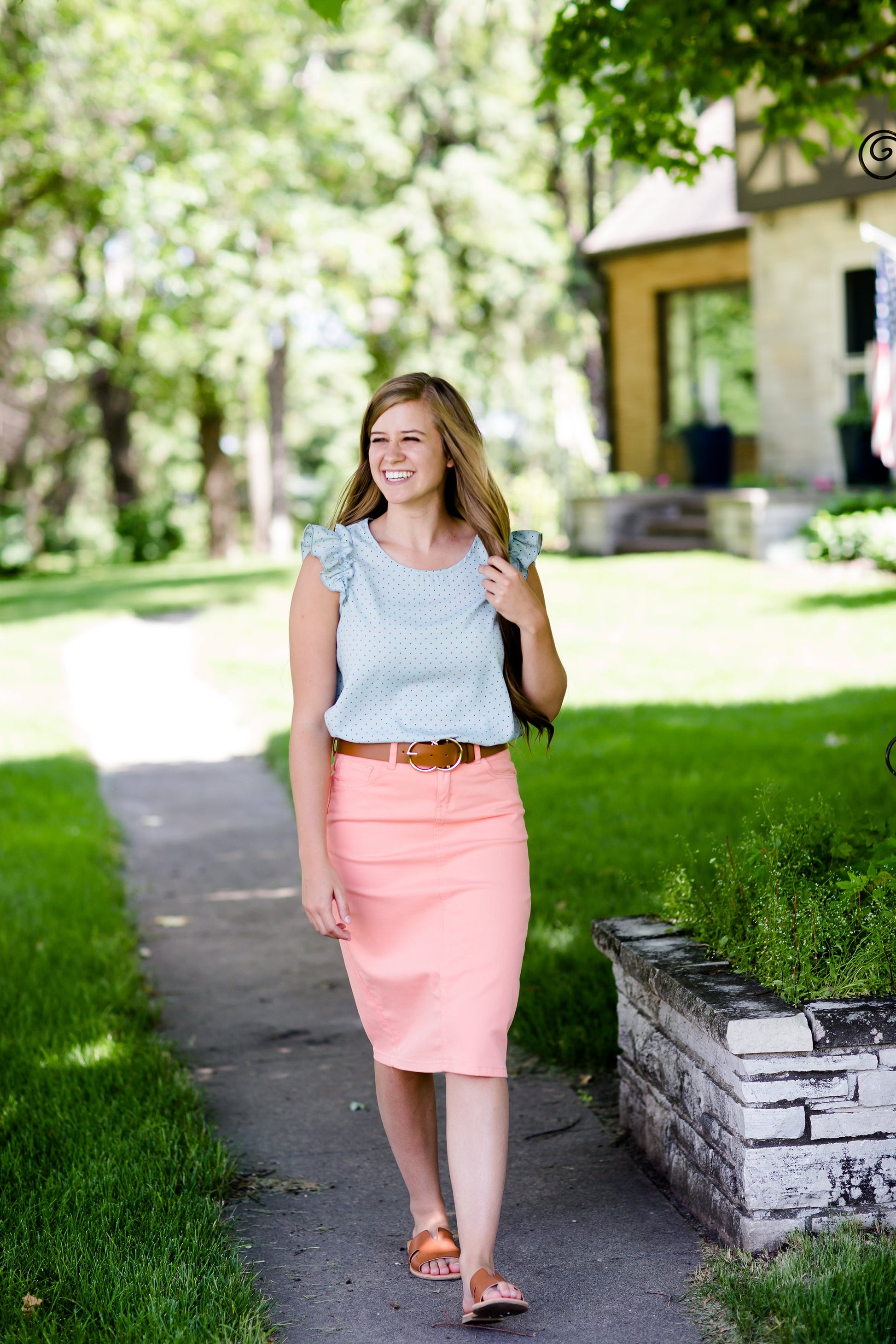 Modest Mint Top with Coral Polka Dots and a Ruffle Cap Sleeve