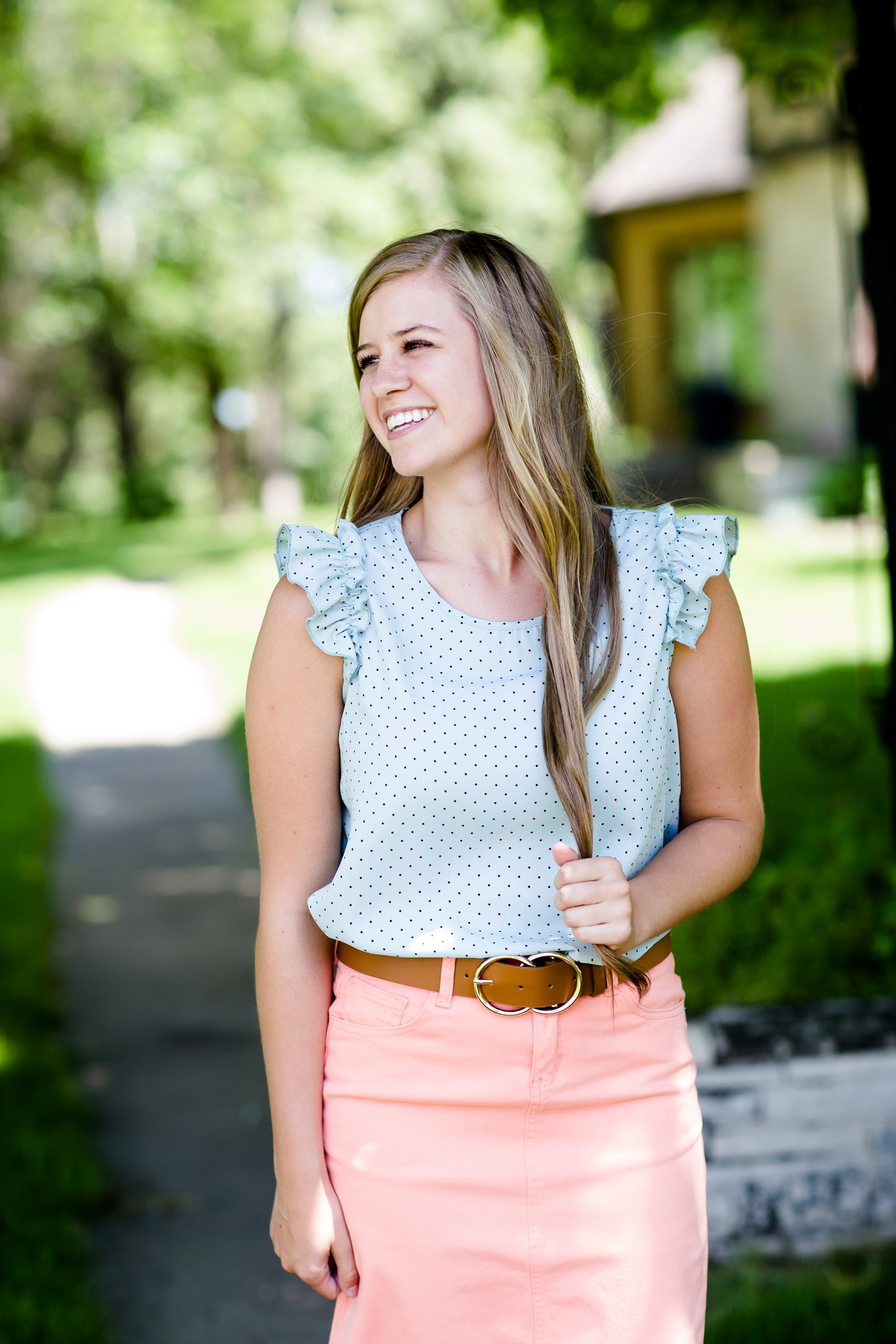 Modest Mint Top with Coral Polka Dots and a Ruffle Cap Sleeve