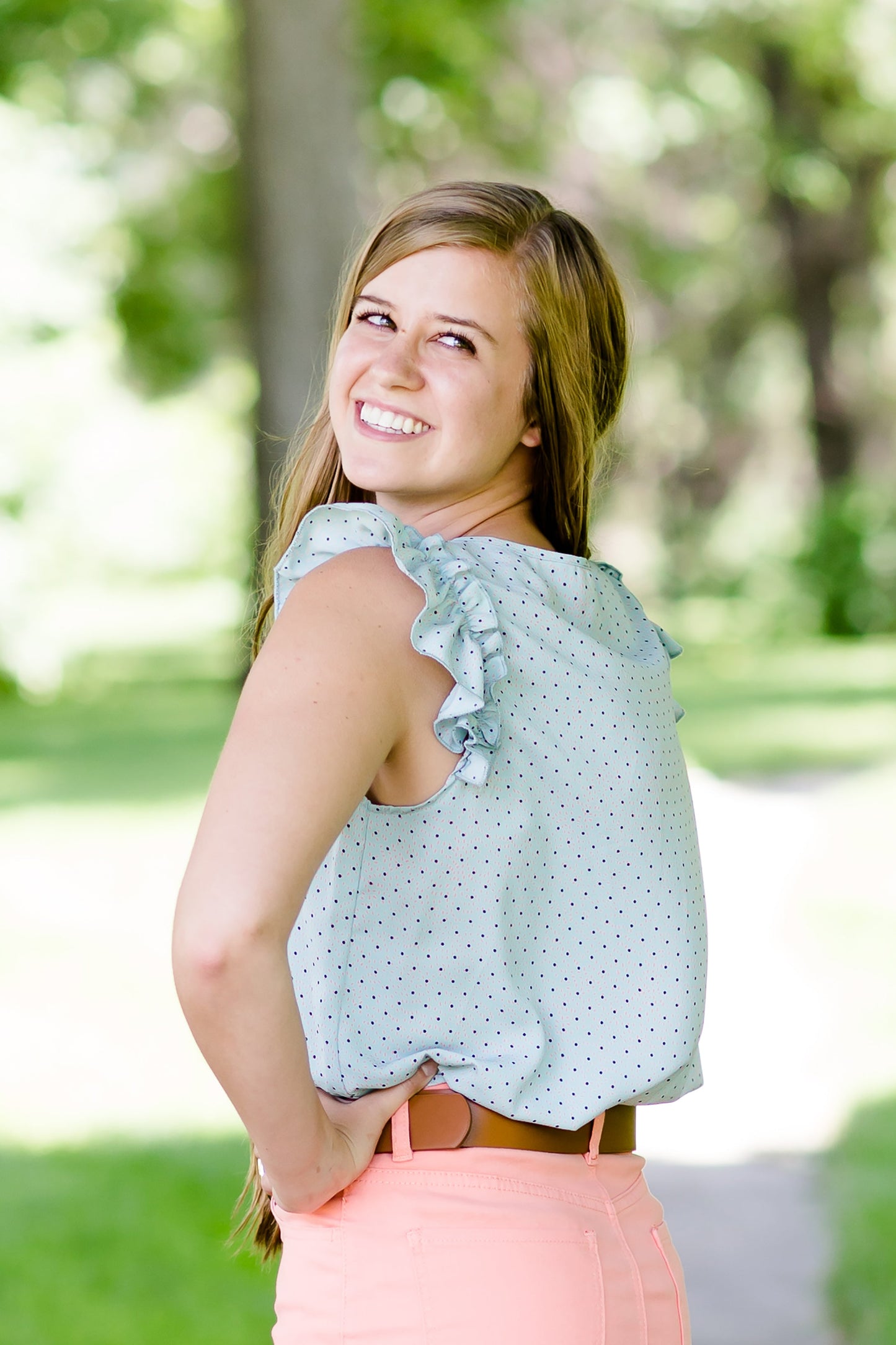 Modest Mint Top with Coral Polka Dots and a Ruffle Cap Sleeve