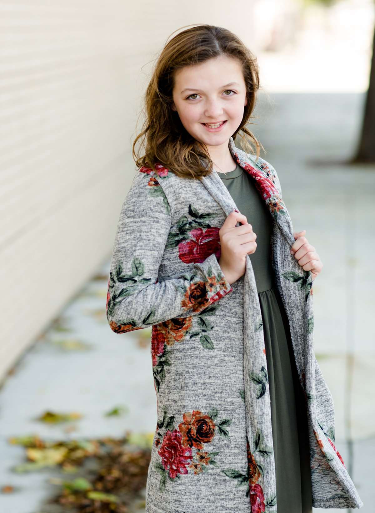 Modest Girls Gray and Burgandy Floral Long Cardigan