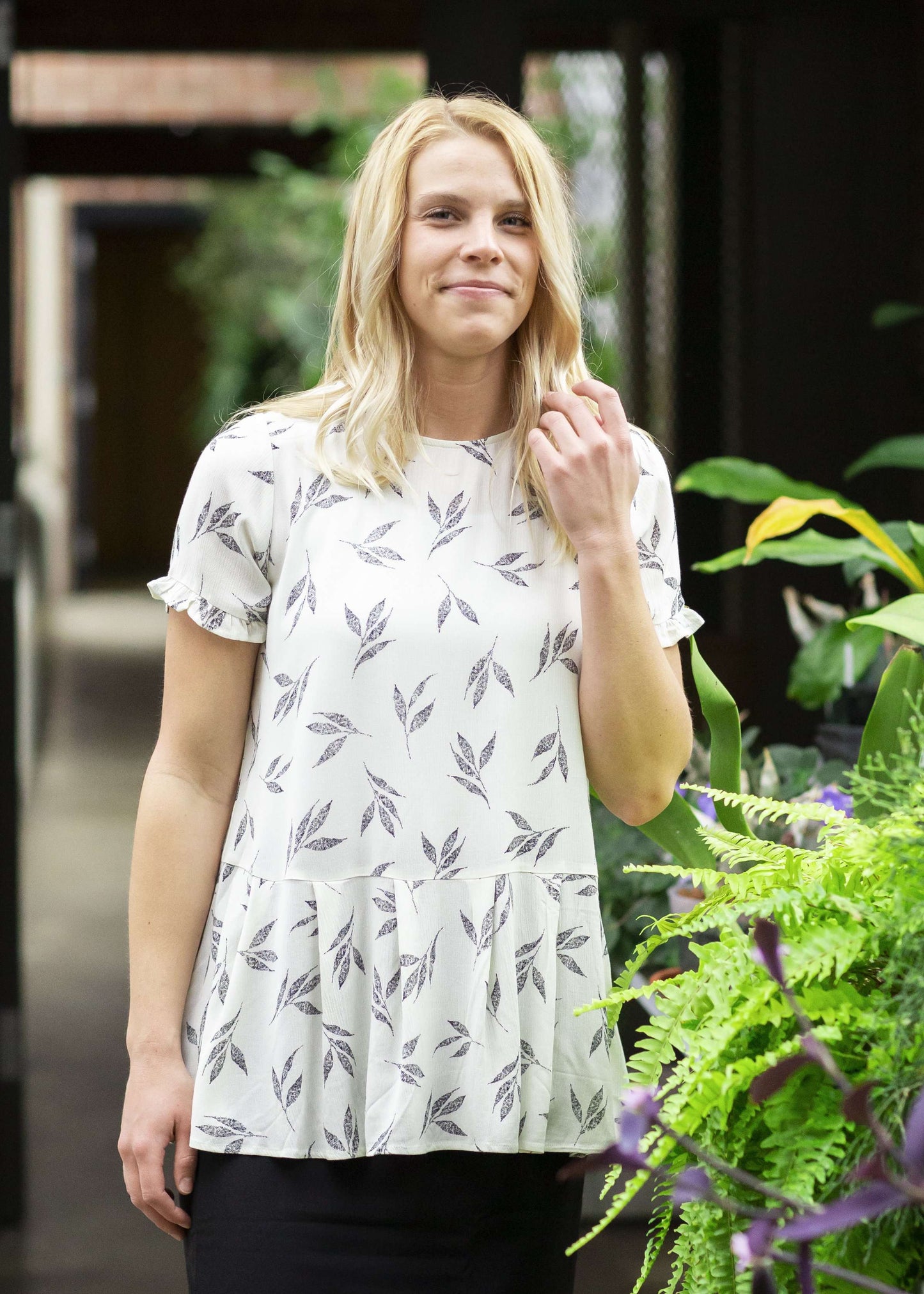 greenery patterned peplum white top with faux buttons on back