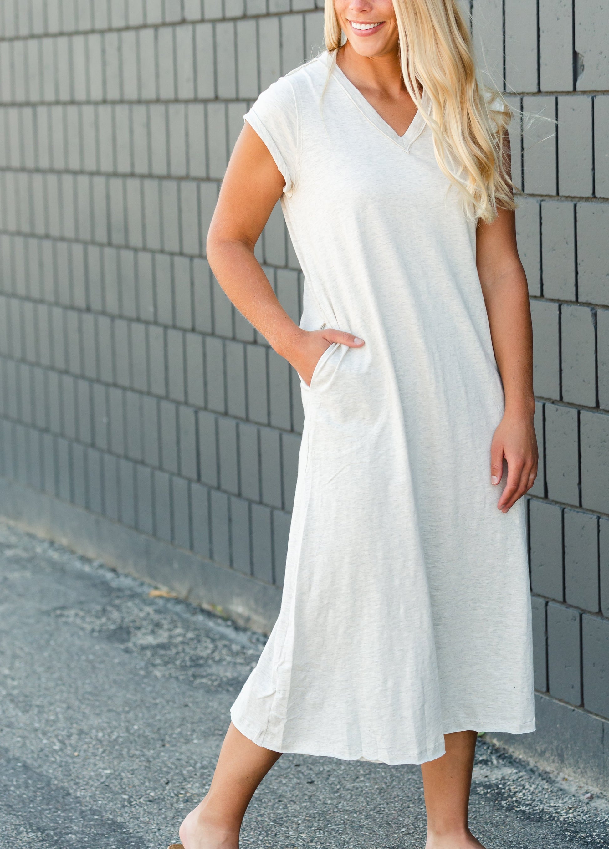 Raw Hem V-Neck Oatmeal Dress Dresses