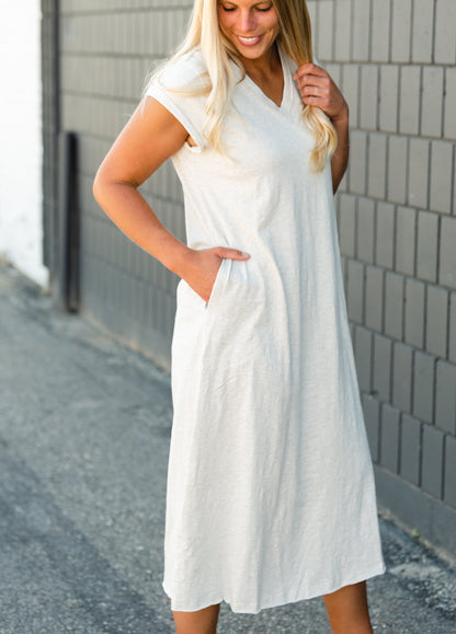 Raw Hem V-Neck Oatmeal Dress Dresses