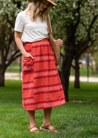 Red Brick Striped Pocket Midi Skirt Skirts