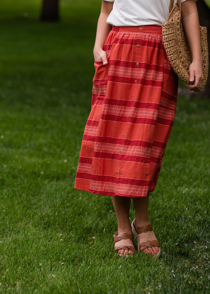 Red Brick Striped Pocket Midi Skirt Skirts