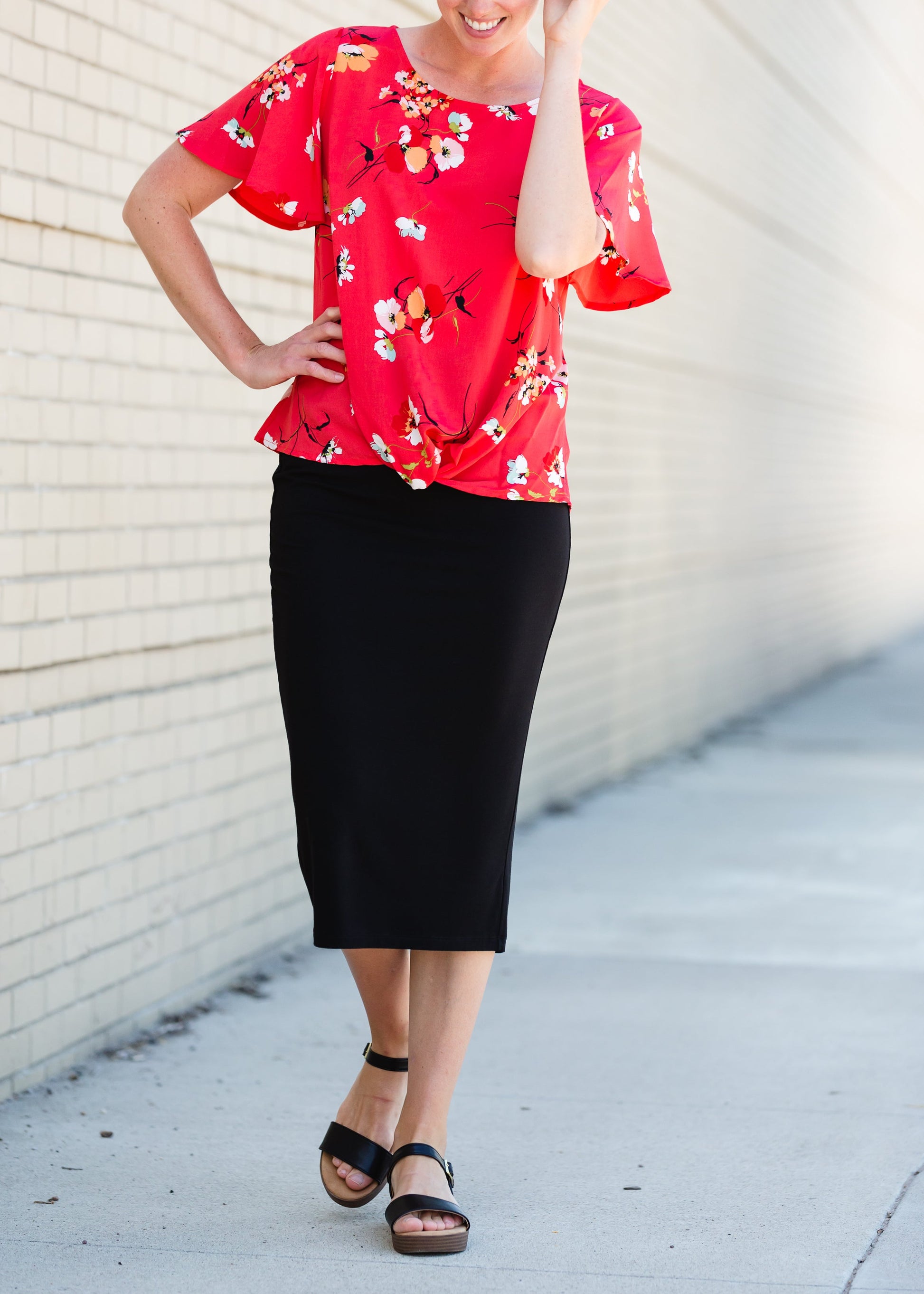 Red Floral Knot Front Top - FINAL SALE Tops