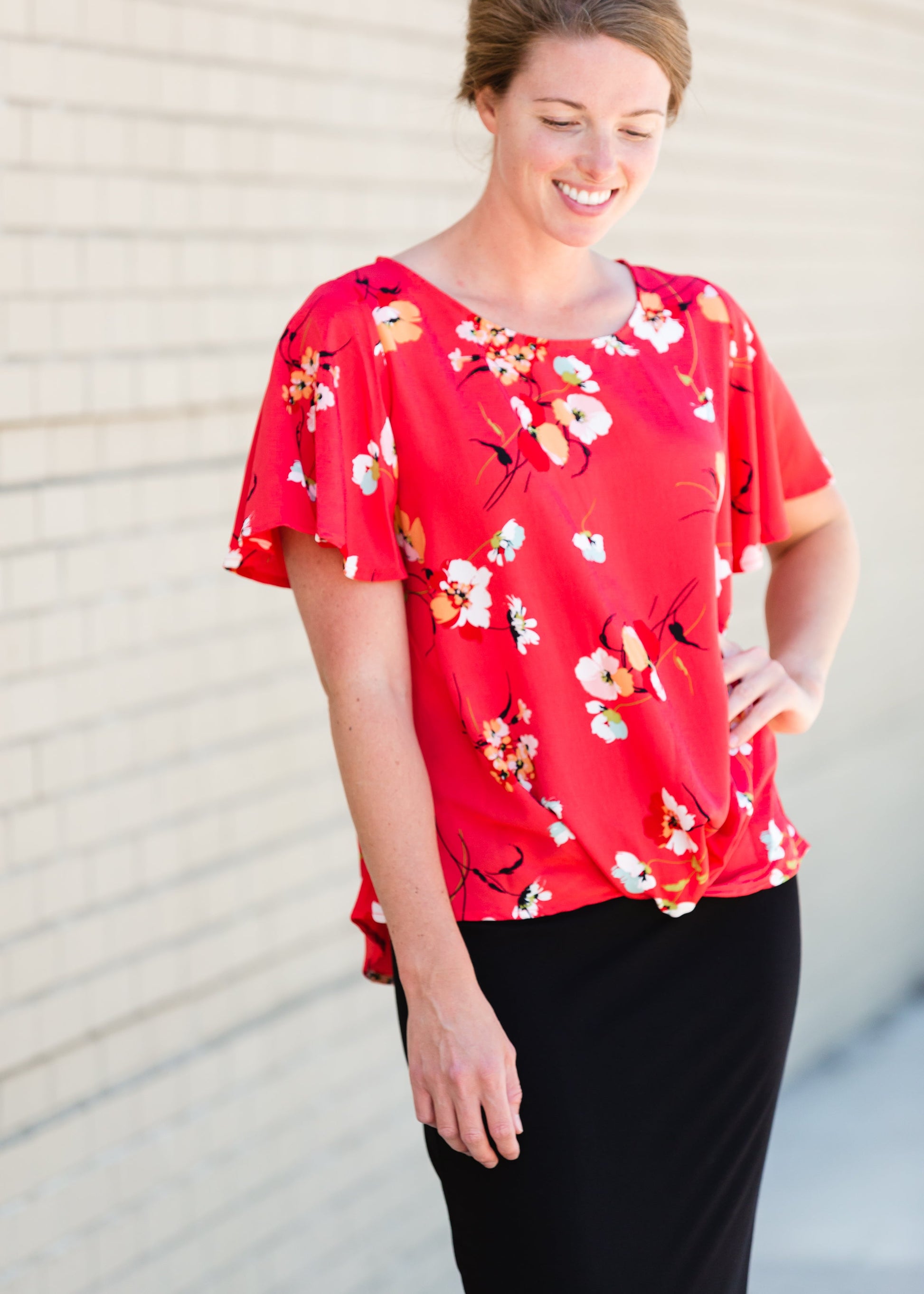 Red Floral Knot Front Top - FINAL SALE Tops