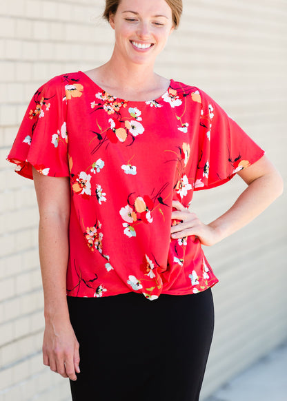 Red Floral Knot Front Top - FINAL SALE Tops